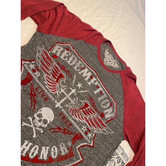 Raw State Redemption Long Sleeve Ragland T-shirt Gray Red Mens XXL NWT Velvet - Picture 2 of 14
